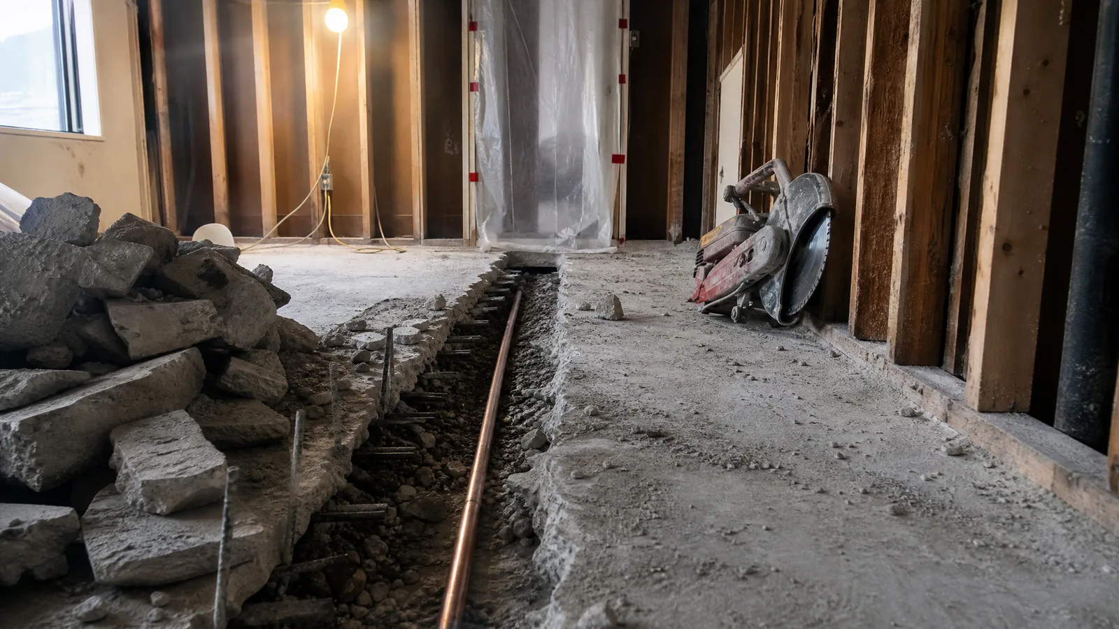 Copper pipe run in an open trench cut through a concrete slab, broken concrete stacked beside it