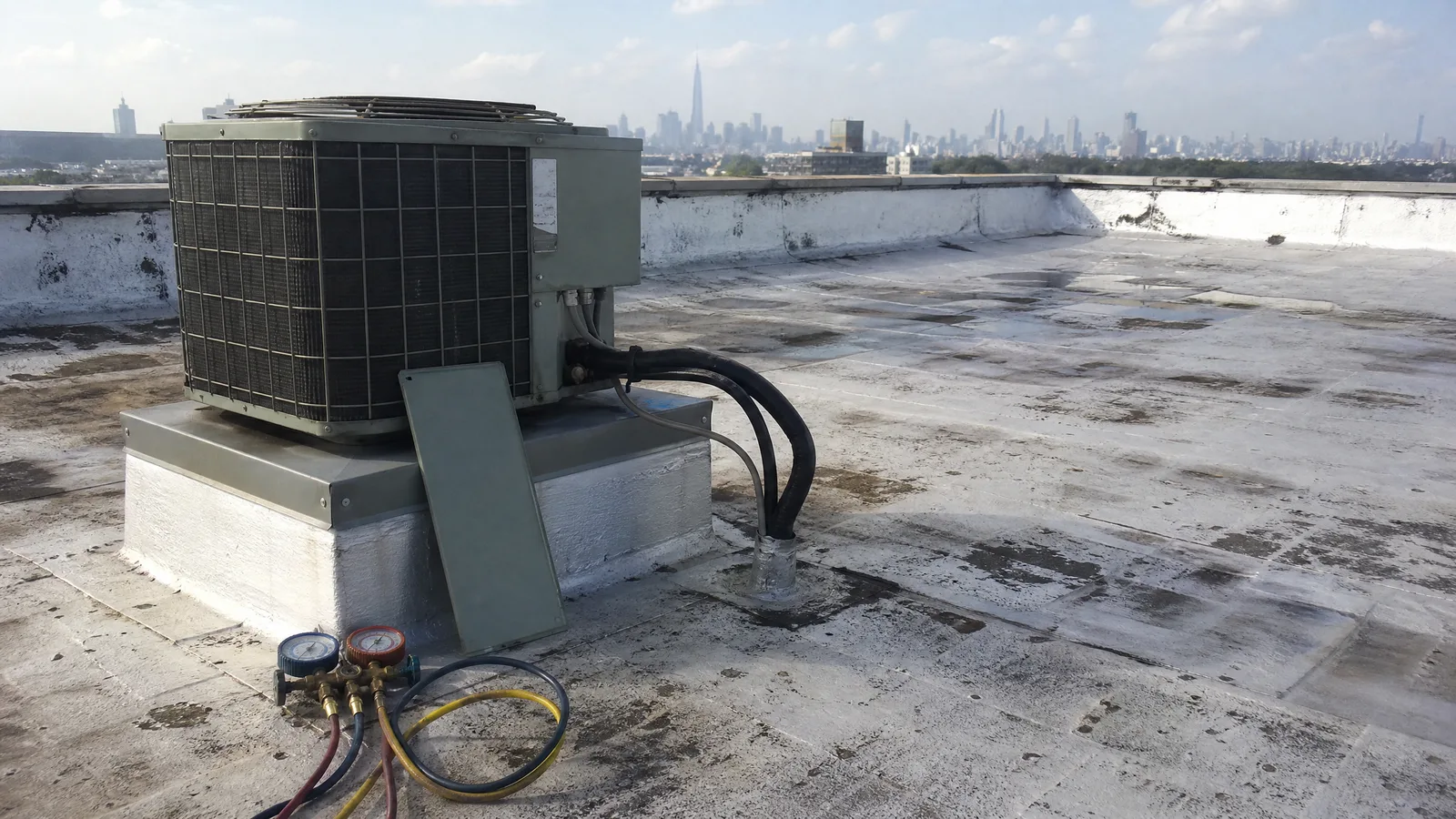 Rooftop HVAC condensing unit on a curb with insulated refrigerant lines and a weathered membrane roof